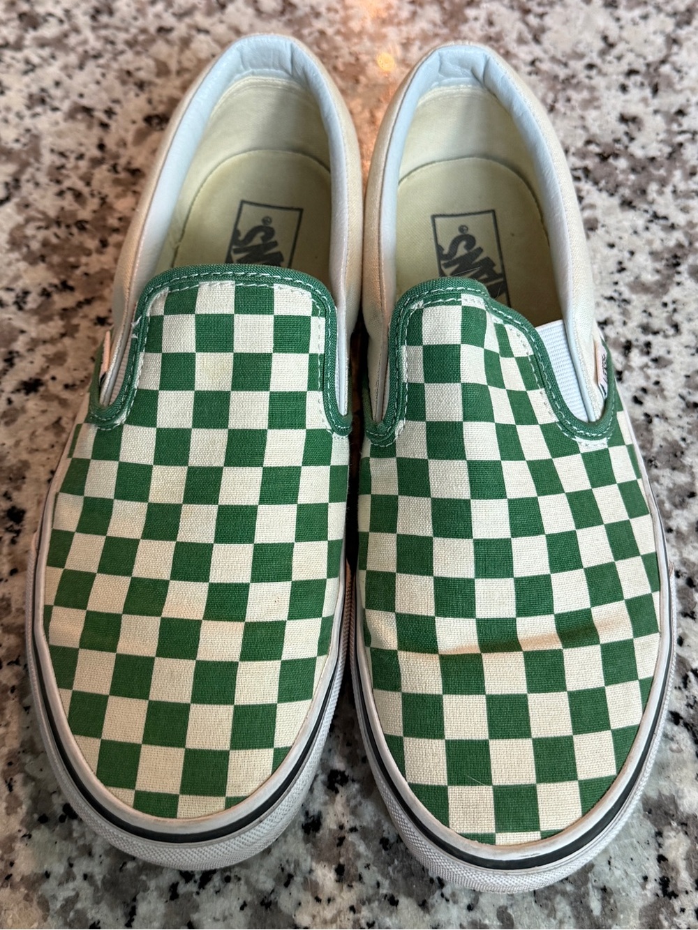 Vans Green and White Checkerboard Slip-On Sneakers